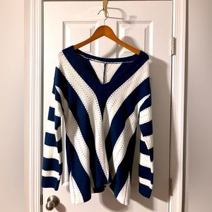 Navy Blue and White Striped Long Sleeve Sweater, Size Large. Runs small.